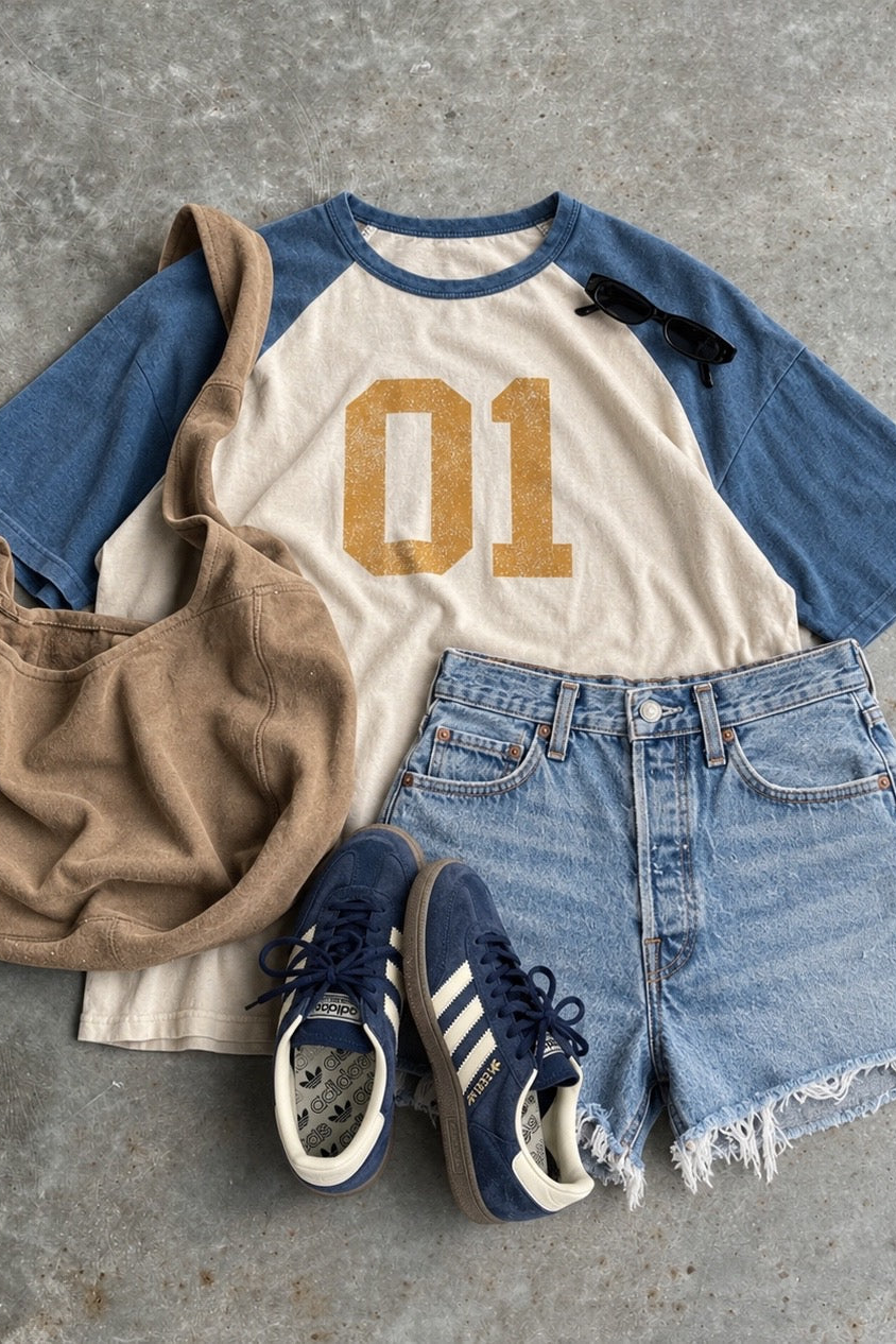 Ivory raglan tee with denim-blue sleeves and a golden 01 varsity graphic, styled with denim shorts, blue sneakers, sunglasses, and a brown tote.