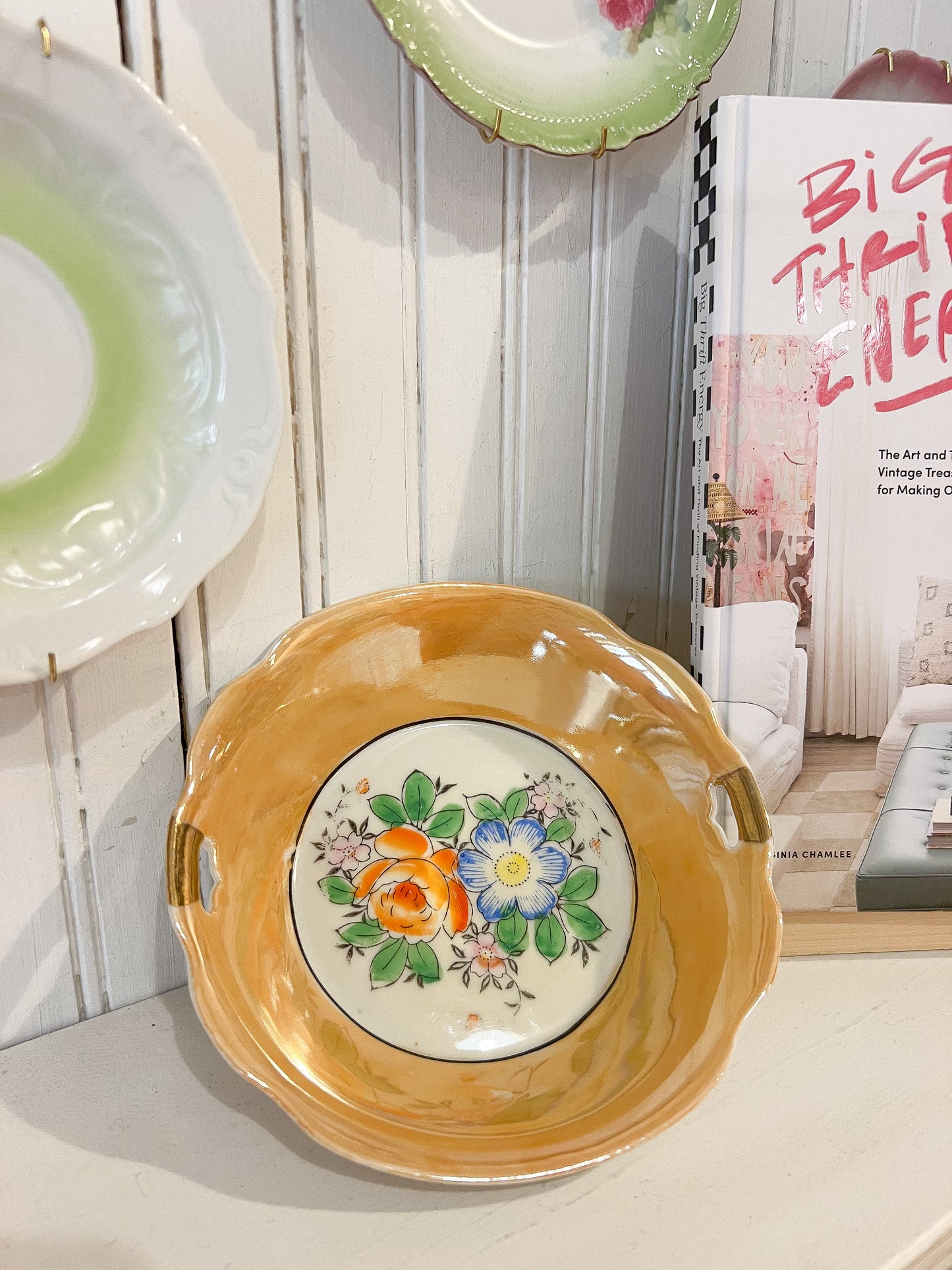 Vintage peach luster ceramic serving bowl with floral center design and small side handles, retro spring floral serving dish
