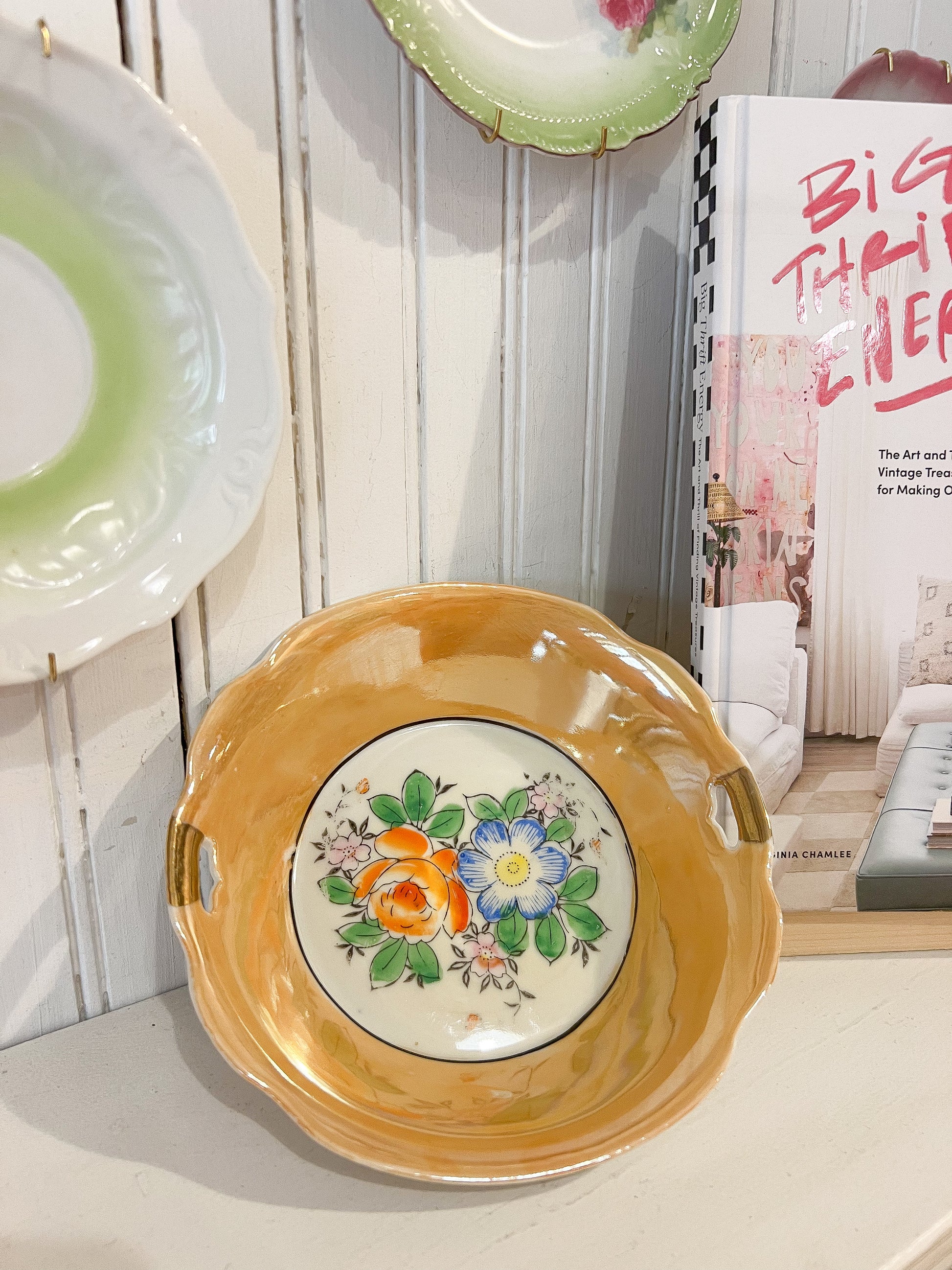 Vintage peach luster ceramic serving bowl with floral center design and small side handles, retro spring floral serving dish
