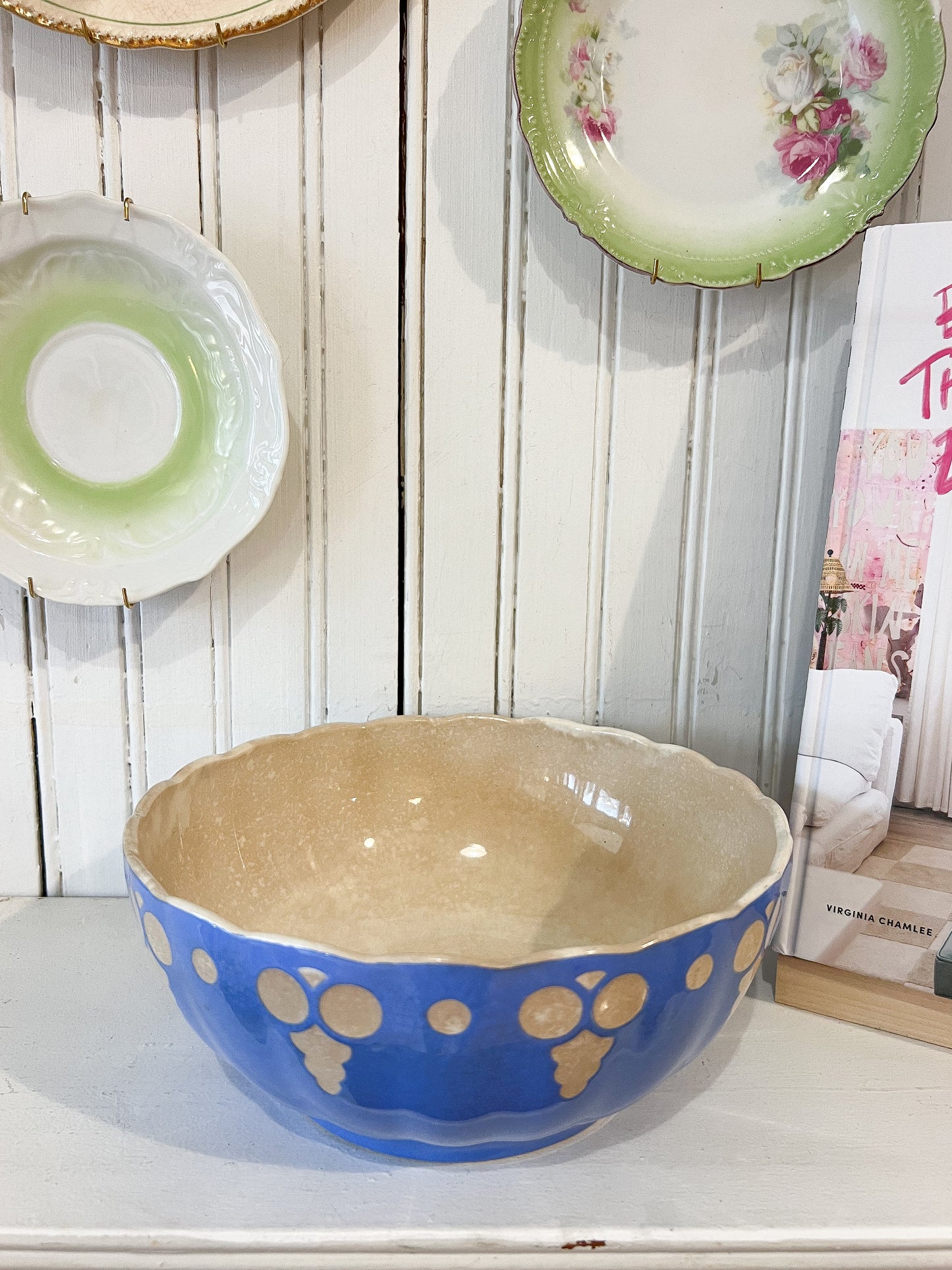 Antique Villeroy and Boch Saxony Dresden pottery bowl with blue glaze and cream interior, German ceramic serving bowl with scalloped rim
