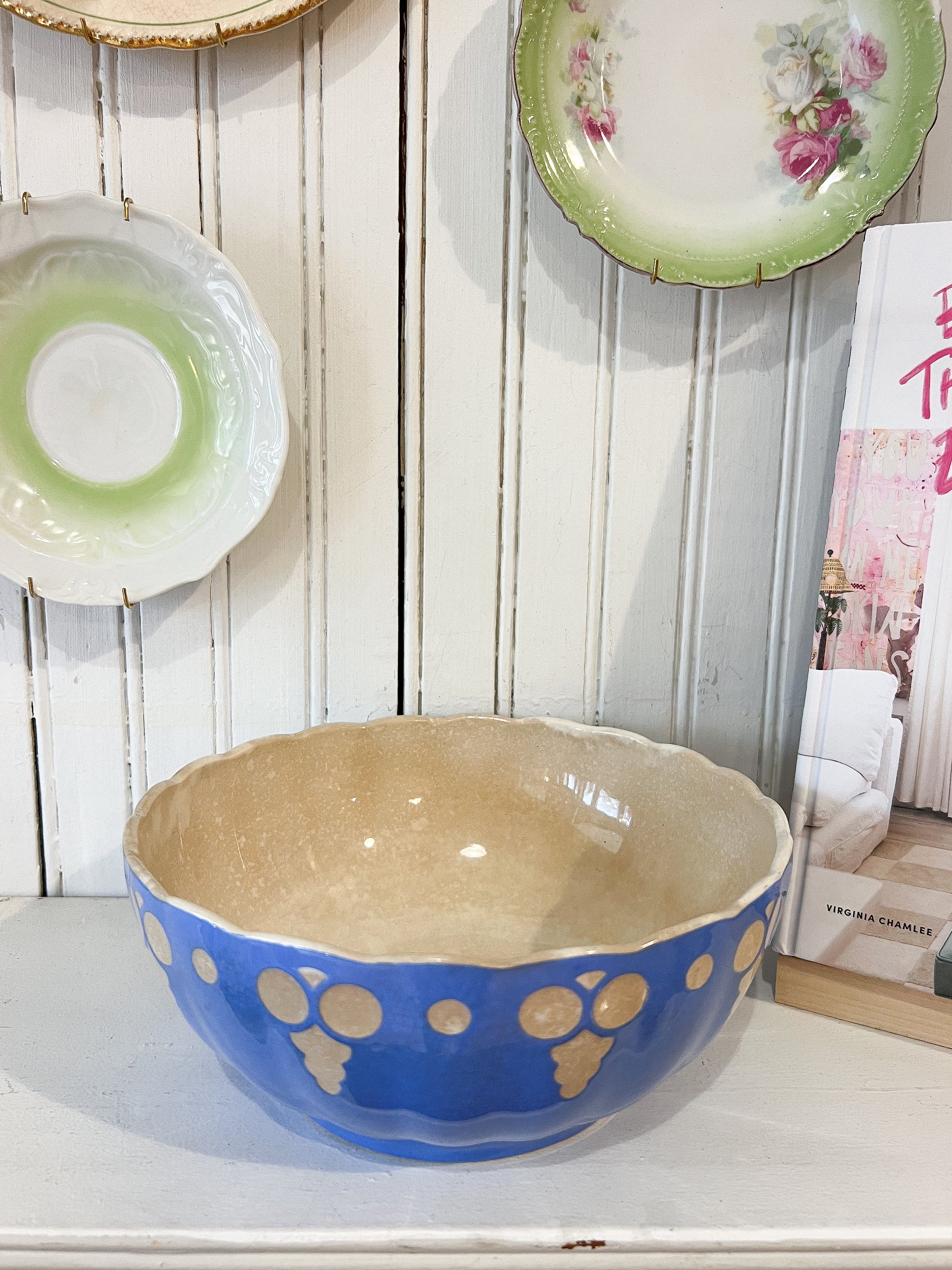 Antique Villeroy and Boch Saxony Dresden pottery bowl with blue glaze and cream interior, German ceramic serving bowl with scalloped rim
