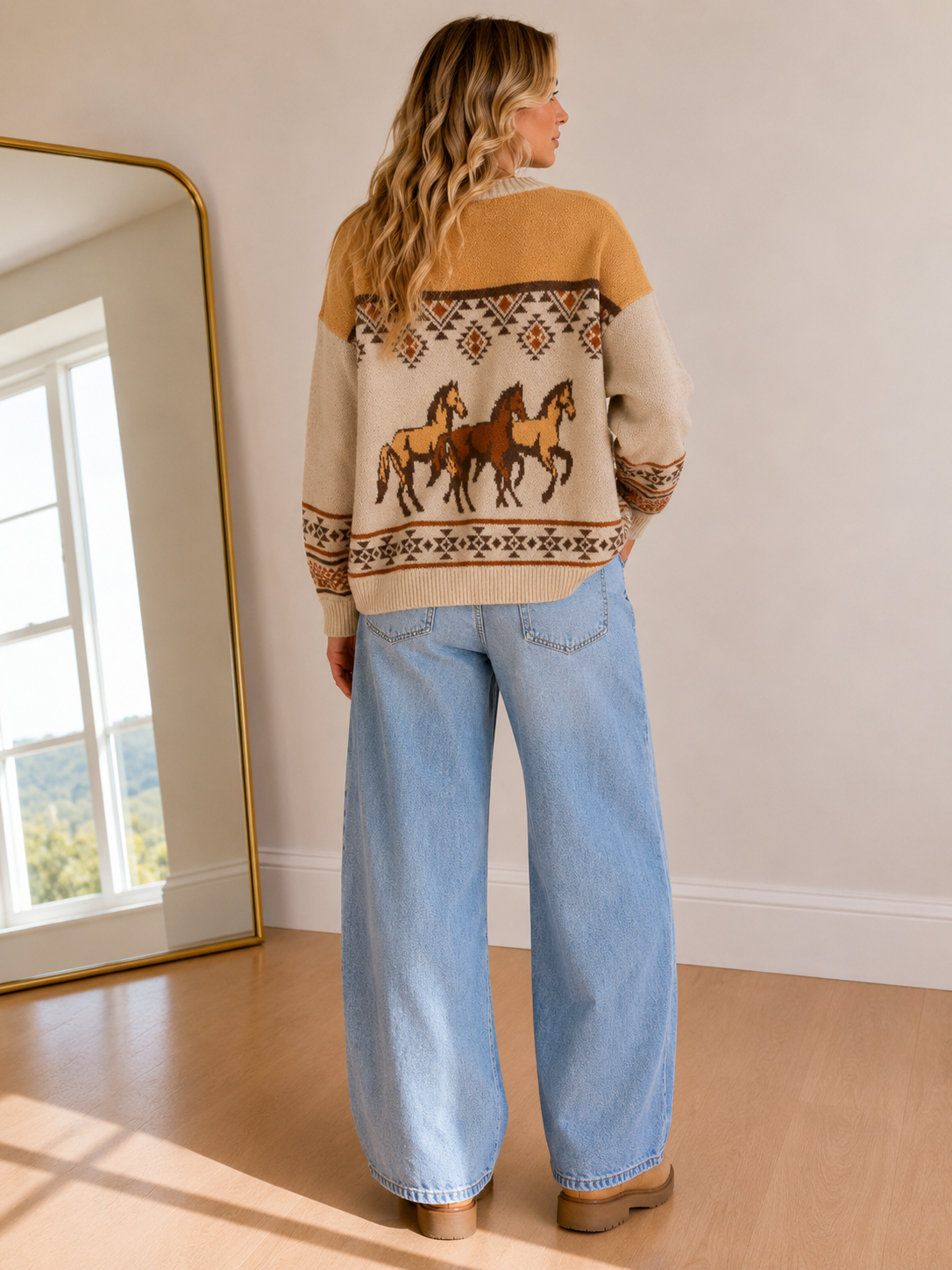 A woman stands with her back to the camera wearing a cream and mustard sweater with a horse pattern, paired with wide-leg light blue jeans and brown boots in a bright room with a mirror.