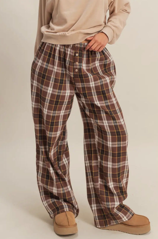 Women’s cozy plaid lounge pants. Very cottagecore style. Chestnut brown 