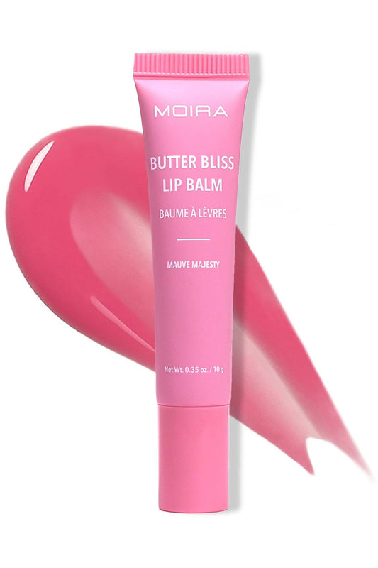 Butter Bliss Lip Balm in Mauve Majesty with soft mauve tint and glossy finish in squeeze tube packaging.

