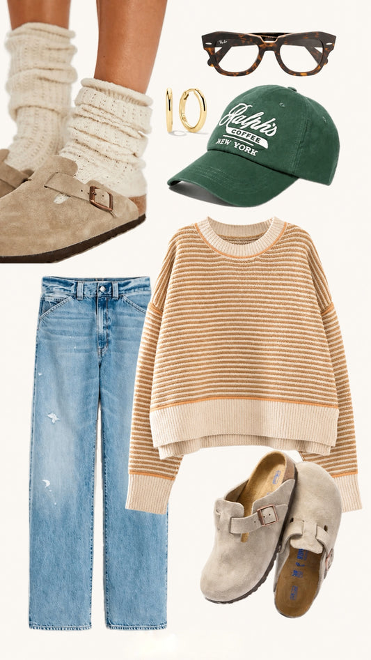 A styled flat-lay outfit collage on a light cream background featuring a beige and tan striped crewneck sweater, light blue jeans, beige clogs, cream knit socks, a green baseball cap, tortoiseshell sunglasses, and gold jewelry.