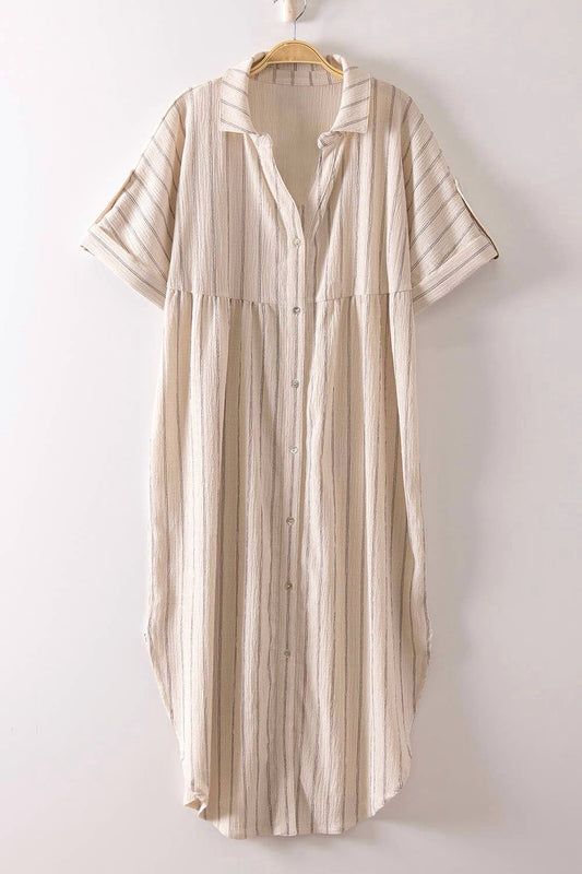 linen blend striped midi dress button front neutral summer shirt dress