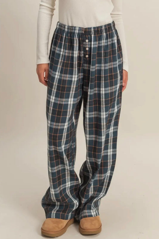 Women’s plaid flannel lounge pants. Wide leg. Cottagecore style. Navy 