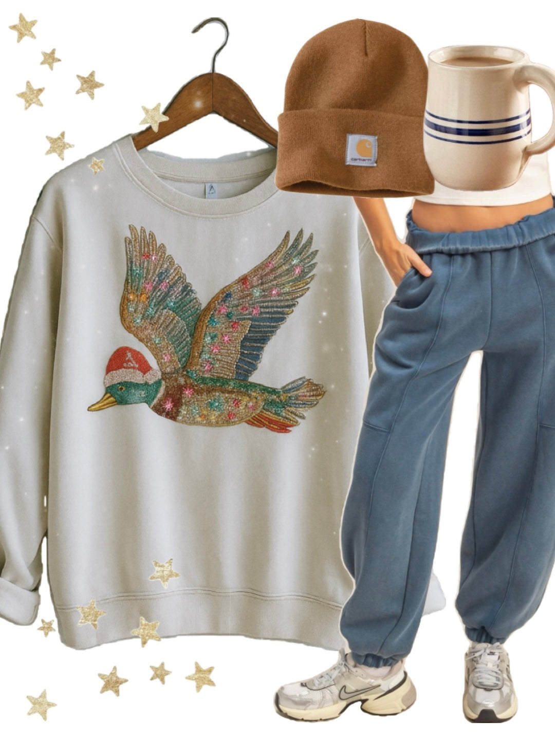 Cream sweatshirt with colorful Christmas duck design, brown beanie, blue pants, and white mug on a neutral background.