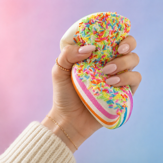 A hand with pale pink manicured nails squeezes a cake slice shaped squishy toy covered in colorful sprinkles, with a pastel pink-to-blue gradient background.