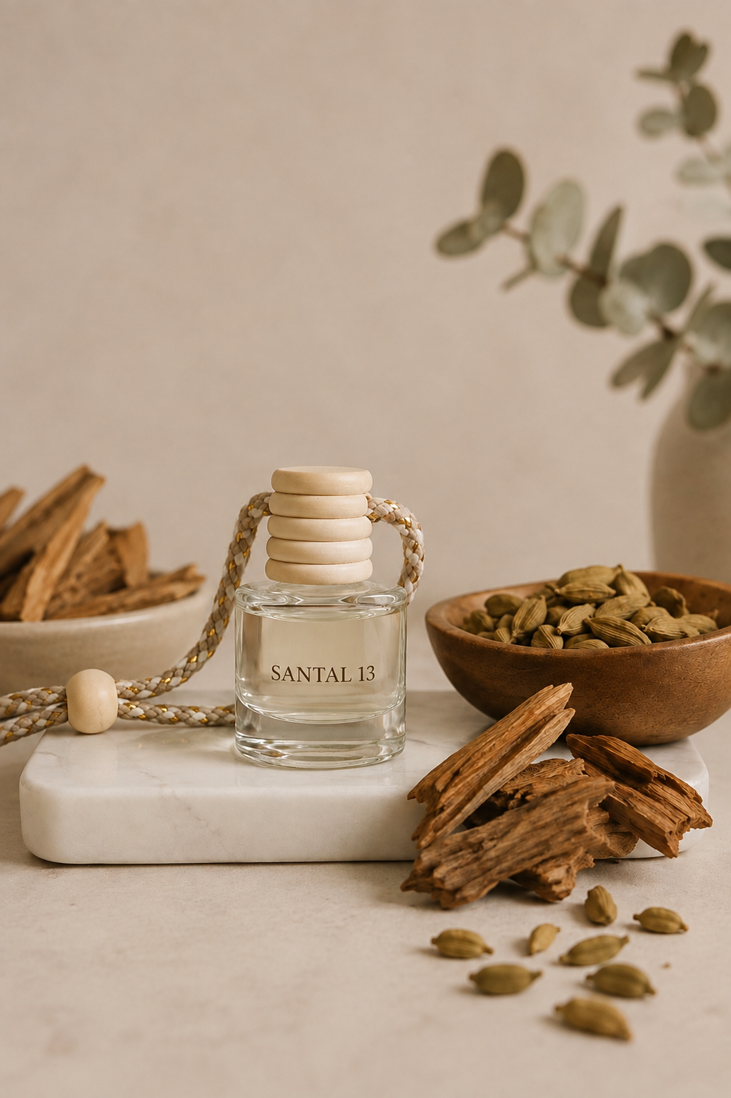 A clear glass reed diffuser bottle labeled SANTAL 13 sits on a white marble slab, surrounded by natural props including cinnamon sticks, cardamom pods, and a wooden bowl, against a warm beige background.