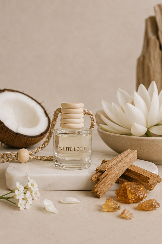 A clear glass car diffuser bottle labeled 'WHITE LOTUS' with a stacked light wood cap and rope handle, styled on a marble block with a coconut half, white lotus flower, cinnamon sticks, amber crystals, and small white flowers against a warm beige background.