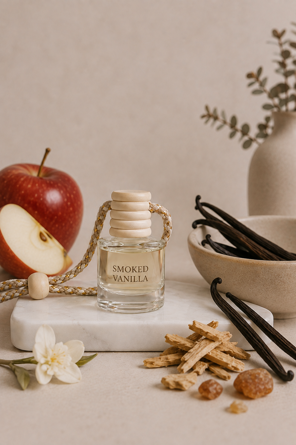 A clear glass car diffuser bottle of Smoked Vanilla perfume with a stacked wood-toned cap, styled on a marble slab with vanilla beans, cinnamon sticks, a red apple, a white flower, and a neutral beige background.