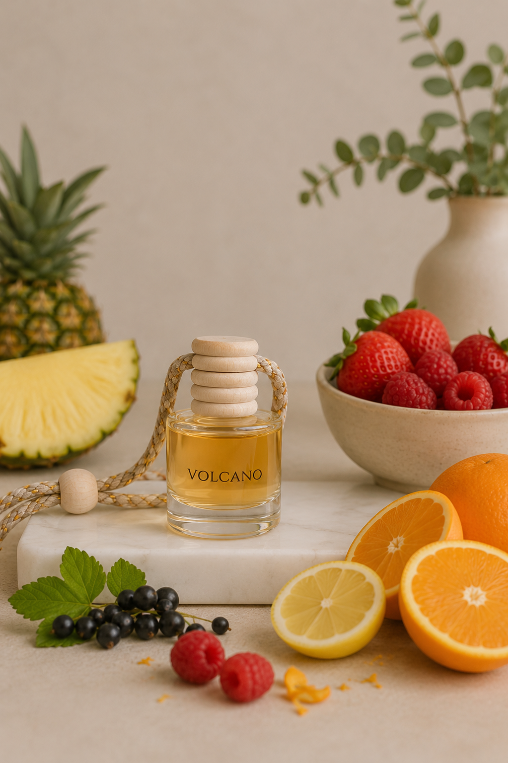 A clear glass car diffuser bottle labeled VOLCANO with a wooden stopper and rope handle, styled on a marble slab with fruit including pineapple, strawberries, oranges, lemons, and berries against a warm beige background.