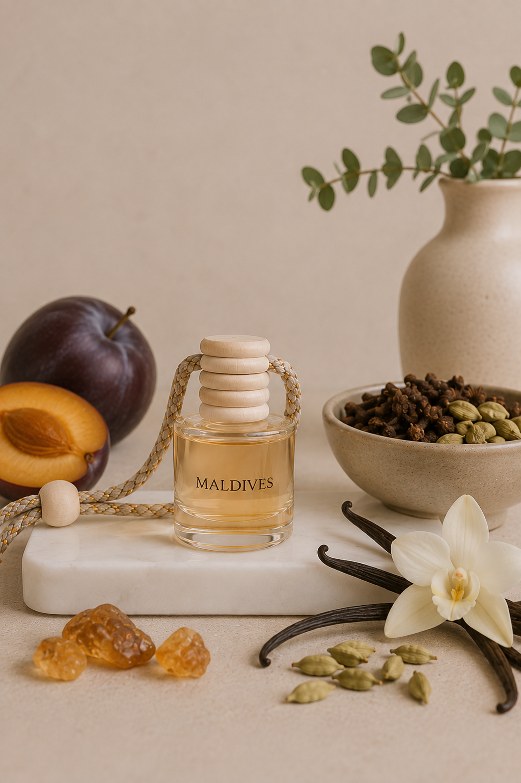 A clear glass car diffuser bottle labeled MALDIVES with a stacked wooden cap and rope handle, styled on a marble tray with apricots, vanilla beans, cardamom pods, amber crystals, and a white flower against a warm beige background.