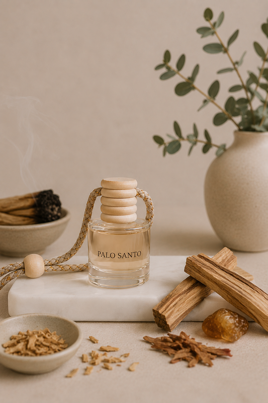 A clear glass car diffuser bottle labeled 'PALO SANTO' with a stacked wooden cap and rope details, styled on a marble slab with cinnamon sticks, dried herbs, and a ceramic vase in the background.