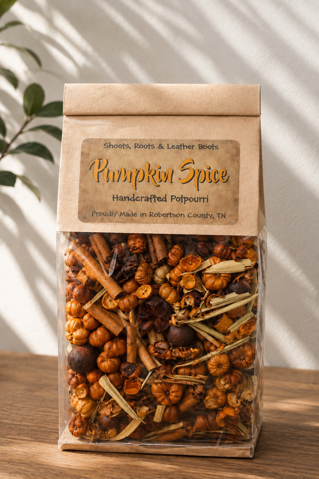     Pumpkin Spice handcrafted potpourri with Putka pods and rustic natural botanicals in a kraft bag