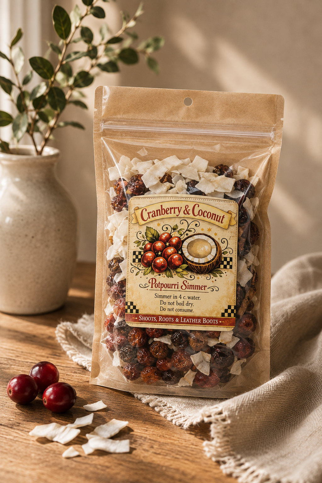 Cranberry and Coconut handcrafted potpourri simmer with dried cranberries and coconut flakes in kraft packaging.