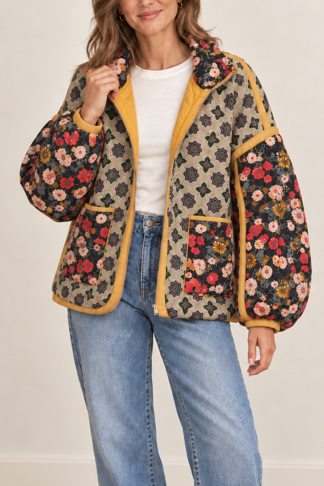 A woman modeling a patterned quilted jacket with yellow trim, paired with a white t-shirt, wide-leg blue jeans, and beige slip-on shoes, standing in a room with a wooden floor and a mirror.