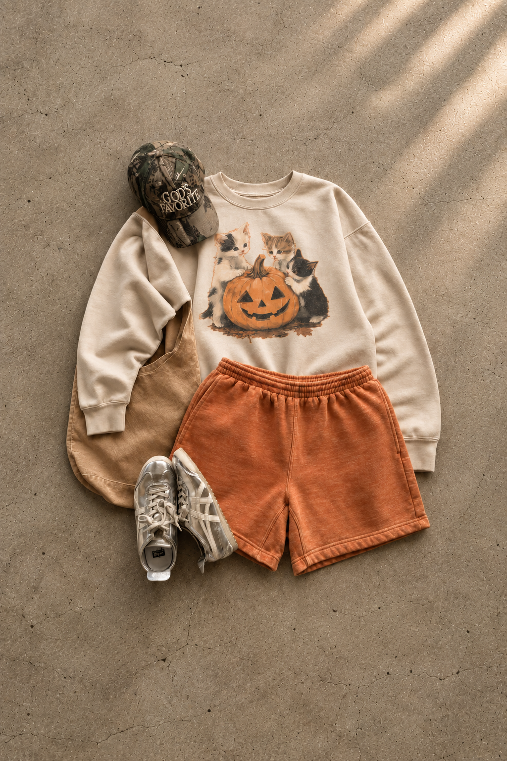 Fall outfit flat lay with a cream kitten Halloween sweatshirt, pumpkin-orange shorts, camouflage hat, tan tote and sneakers.