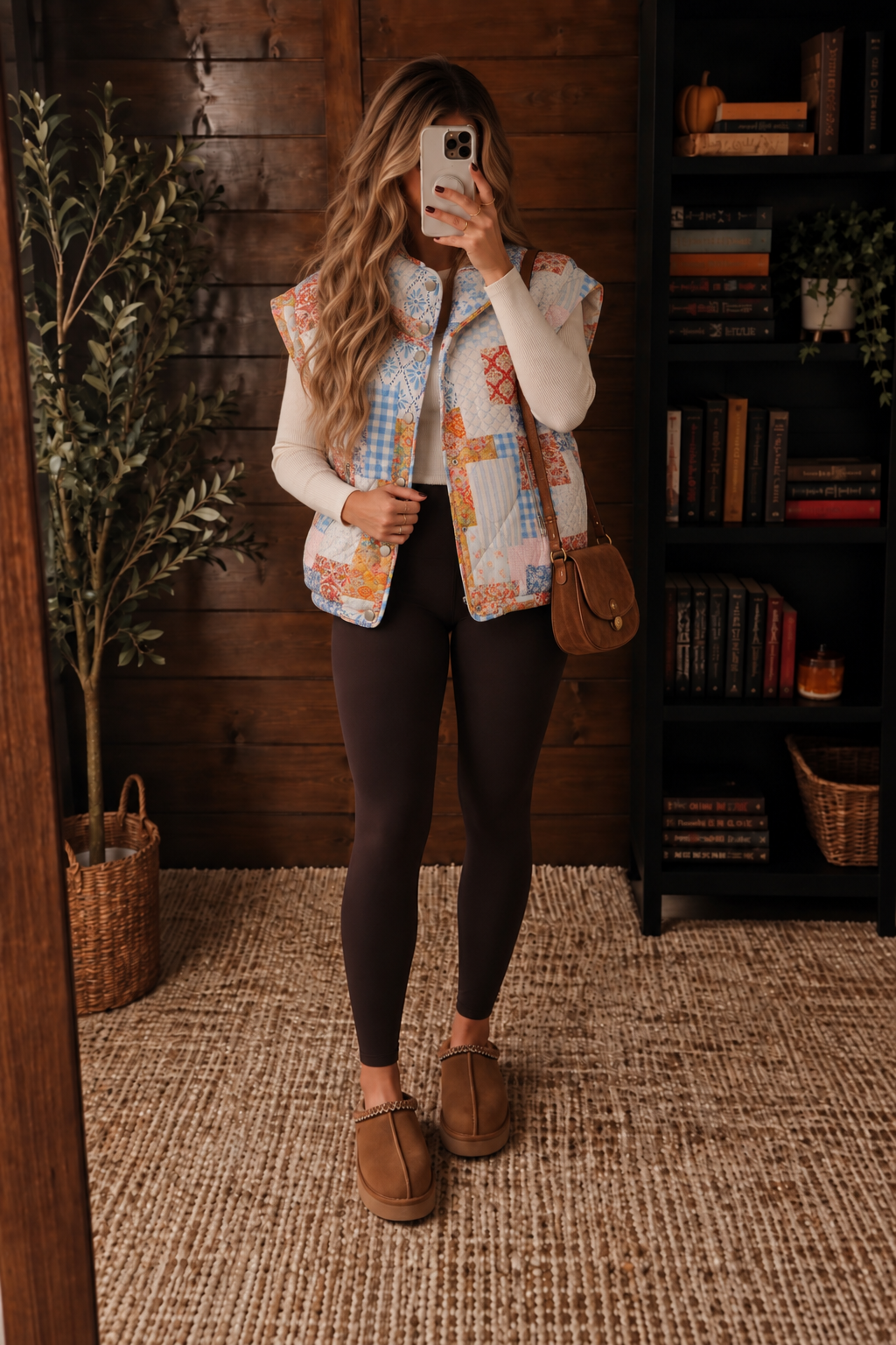 Colorful quilted patchwork vest styled for fall with a cream fitted top, chocolate leggings, clogs, and a brown crossbody bag