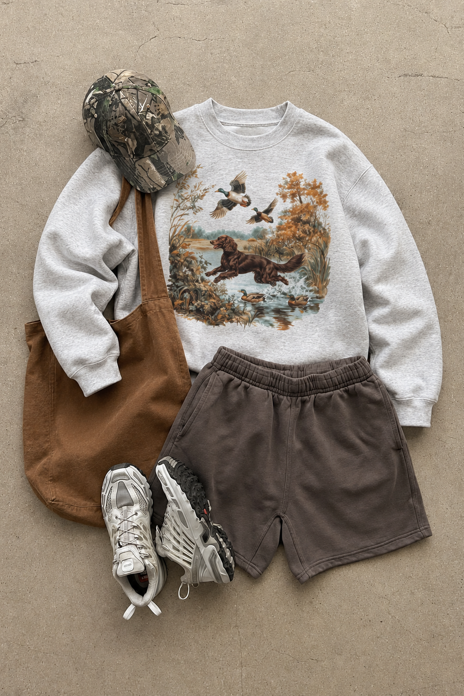 A styled outfit of an Ash-gray Mallard Run Sweatshirt with a vintage hunting dog and duck graphic styled with brown shorts, sneakers, a camouflage hat, and a canvas tote.