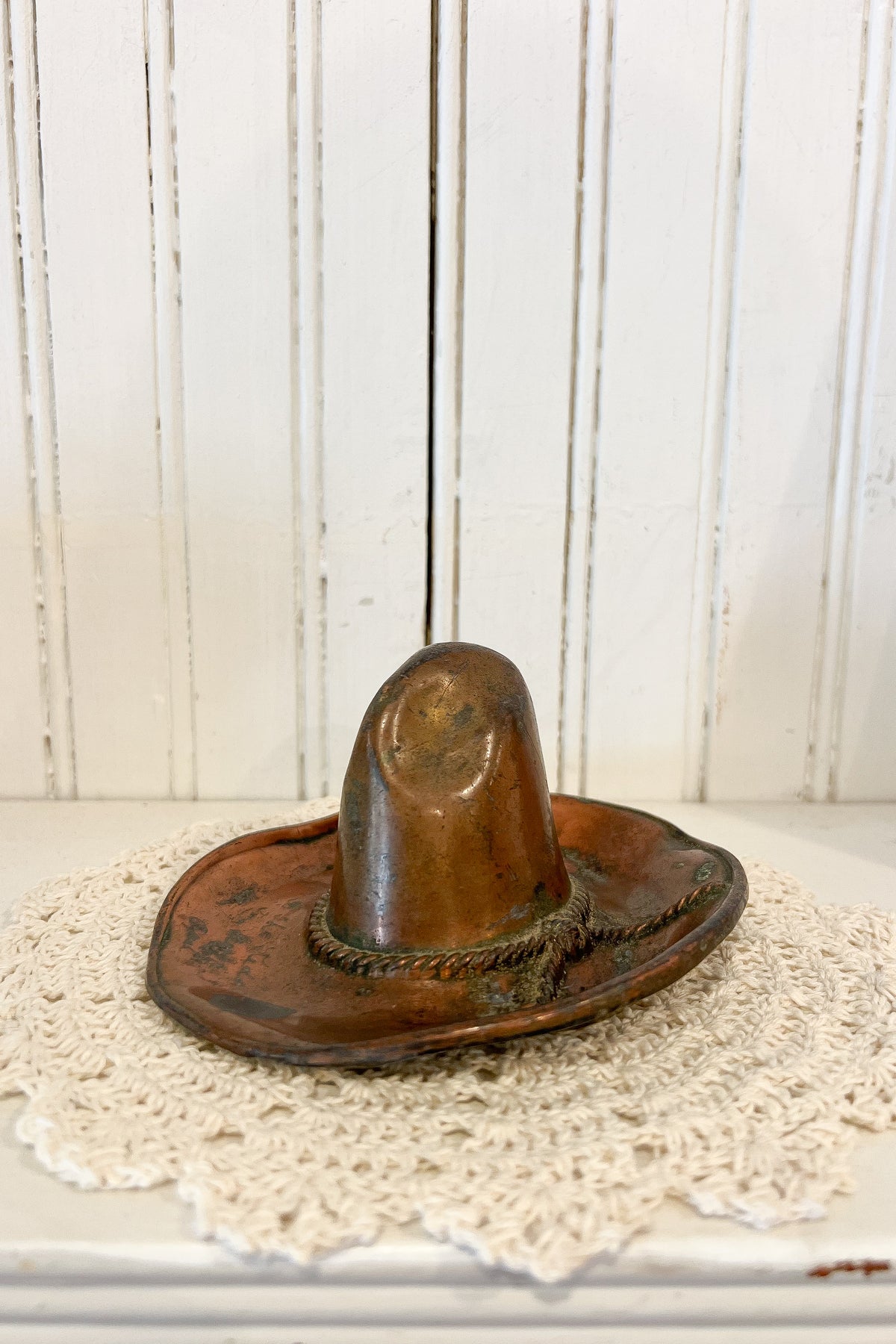 5-inch vintage copper cowboy hat decor with twisted rope detailing and naturally aged patina.