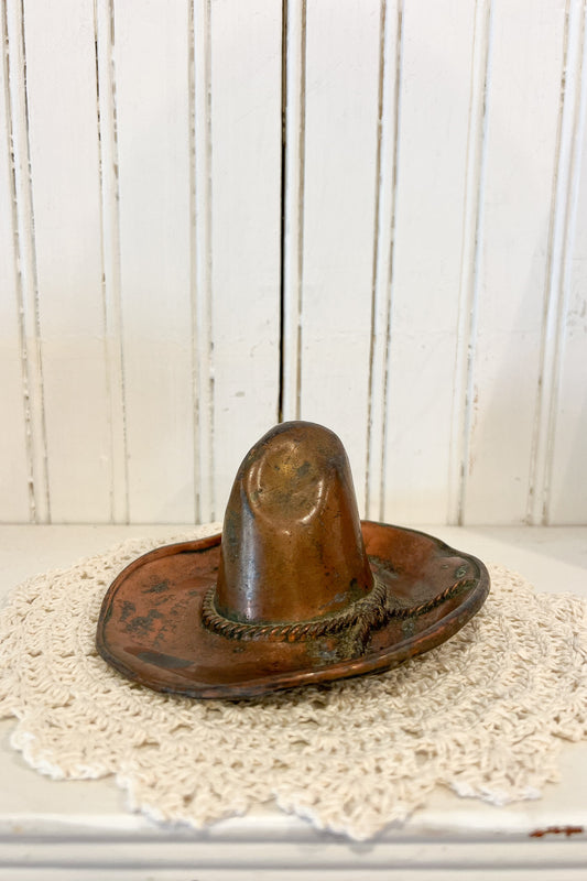 5-inch vintage copper cowboy hat decor with twisted rope detailing and naturally aged patina.