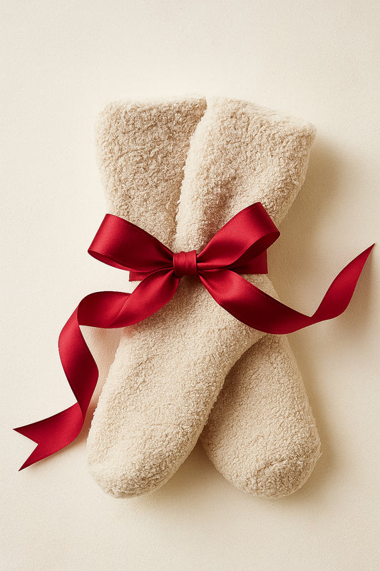 Beige plush slippers with a red ribbon on a beige background