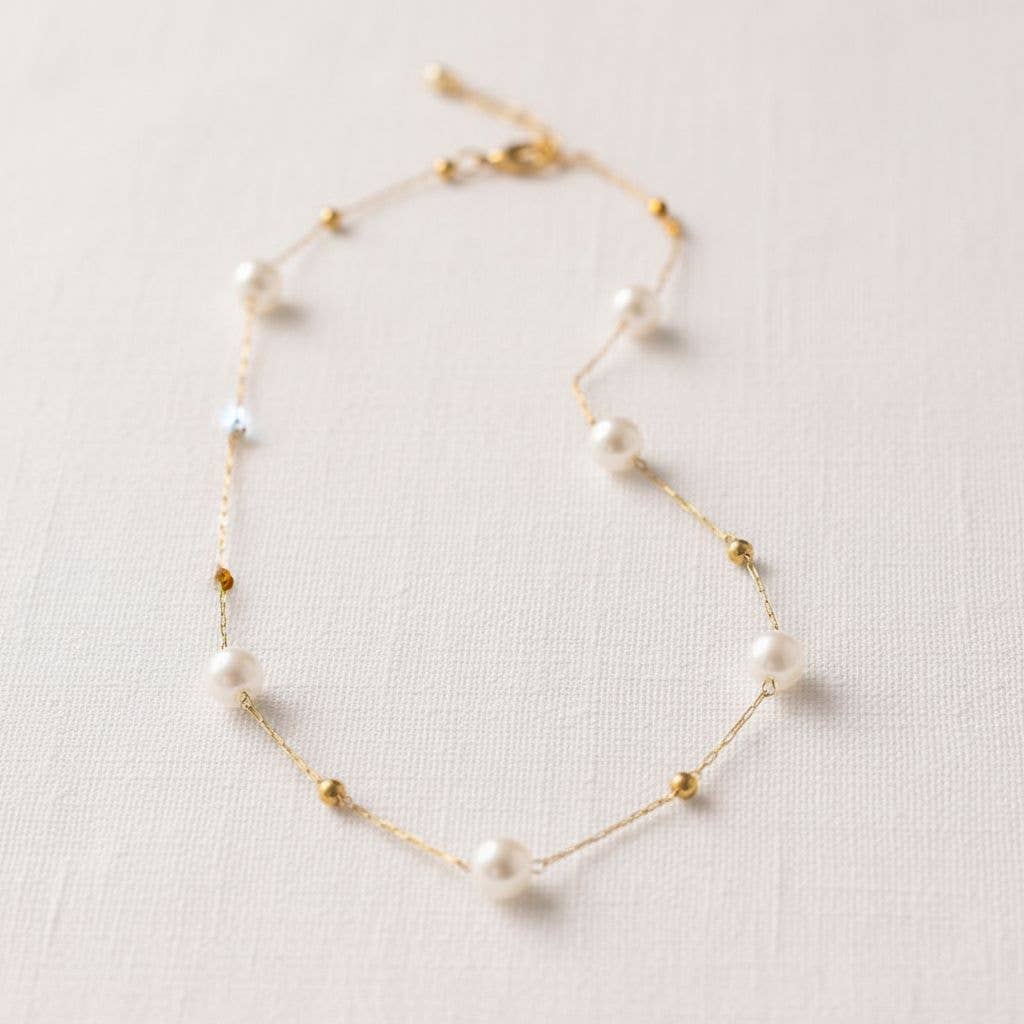 Dainty freshwater pearl station necklace on delicate gold chain with adjustable extender
