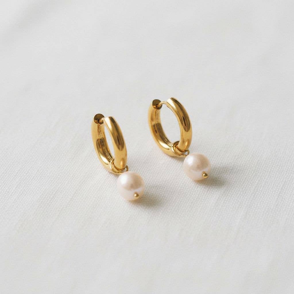 Gold pearl drop hoop earrings with freshwater pearls and gold plated hoops