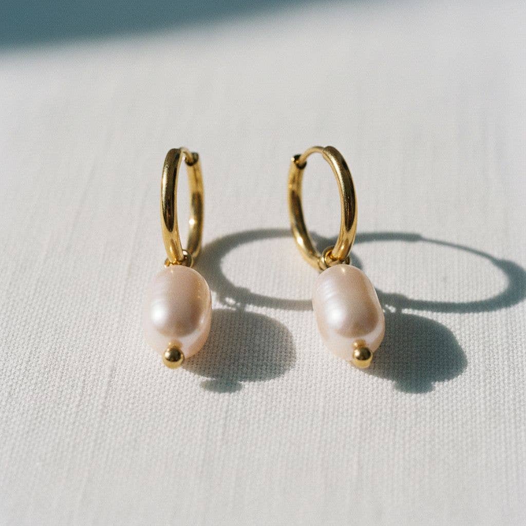 Freshwater pearl drop hoop earrings with gold plated hoops
