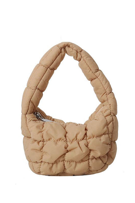 mini honey beige quilted puffer shoulder bag with zipper closure