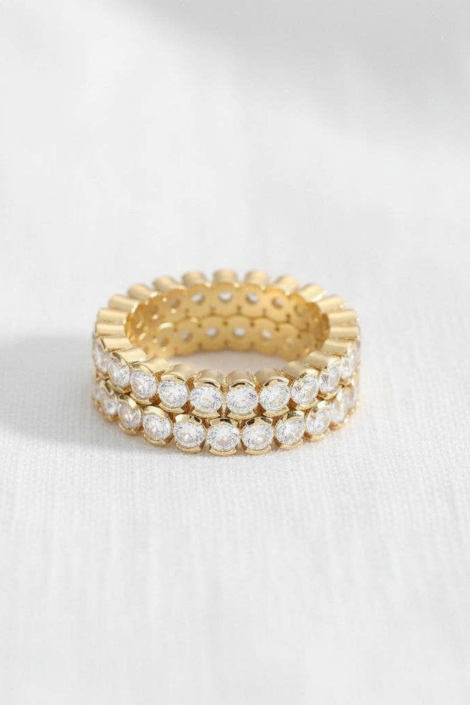 adjustable gold pavé eternity band ring with double row crystal stacking design
