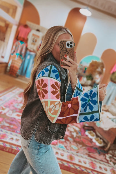 Flower Patch Knit Sleeve Denim Jacket