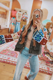 Flower Patch Knit Sleeve Denim Jacket
