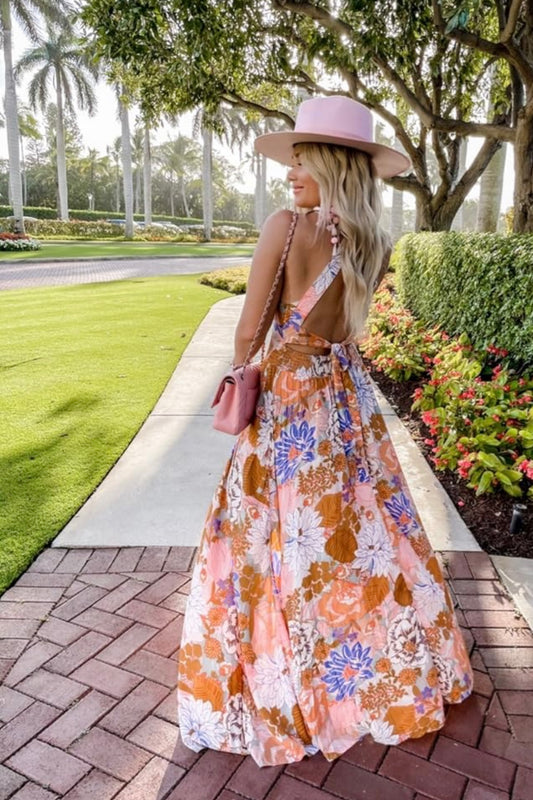 Tied Printed Grecian Sleeveless Maxi Dress