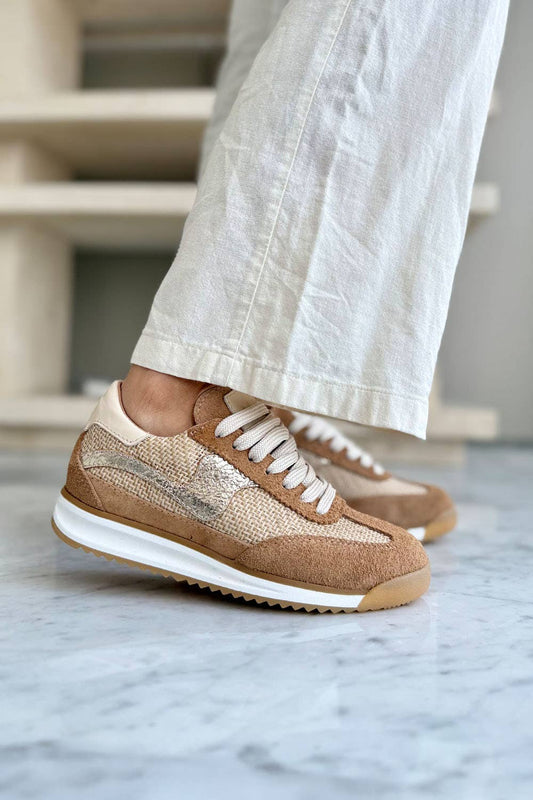 Neutral retro sneaker in warm sand featuring suede overlays, leather details, and a classic low-profile sole.