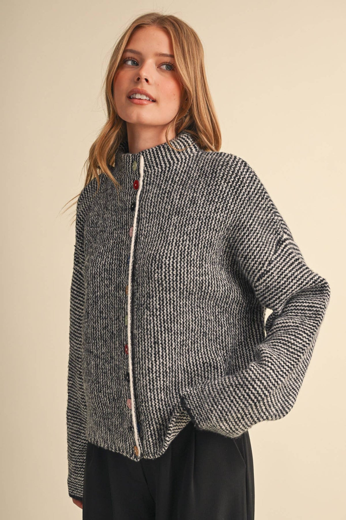 &MERCI - STRIPED SWEATER CARDIGAN WITH COLORFUL BUTTONS MSW11250