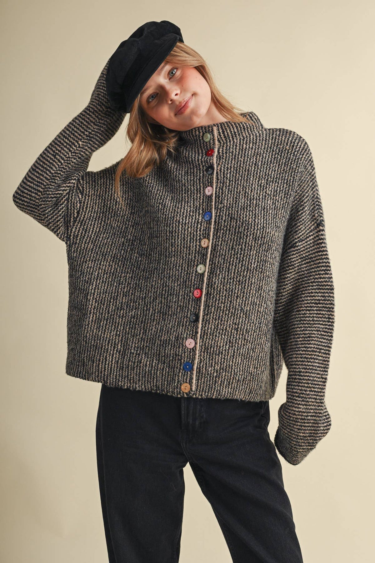 &MERCI - STRIPED SWEATER CARDIGAN WITH COLORFUL BUTTONS MSW11250