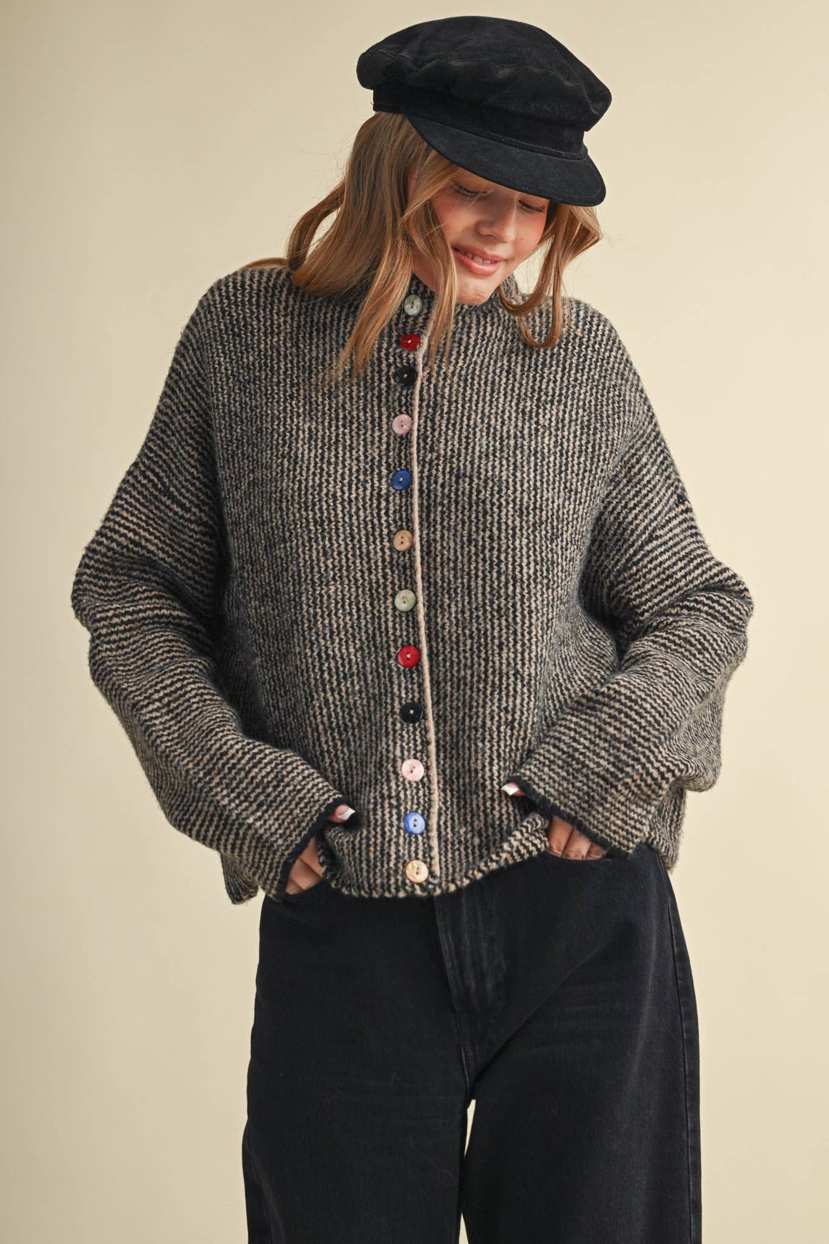&MERCI - STRIPED SWEATER CARDIGAN WITH COLORFUL BUTTONS MSW11250