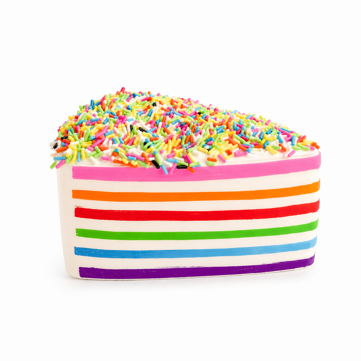 Confetti cake squishy with colorful stripes and sprinkles on a white background