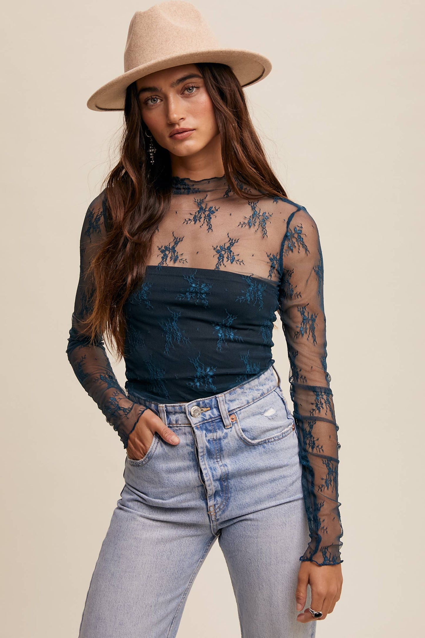 Listicle - Sheer Lace Long-Sleeve Top