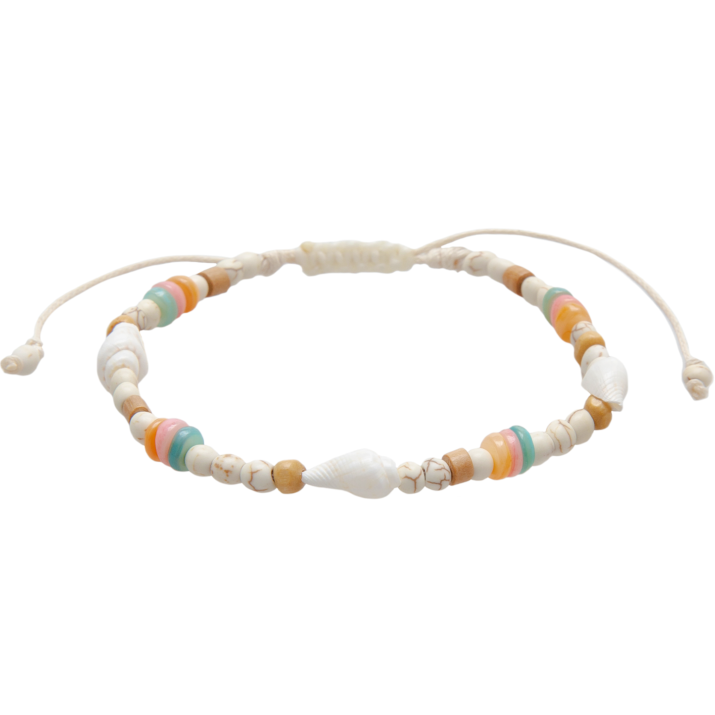 Handcrafted shell anklet featuring genuine seashell accents, natural beads, colorful pastel details, and an adjustable pull-through closure.