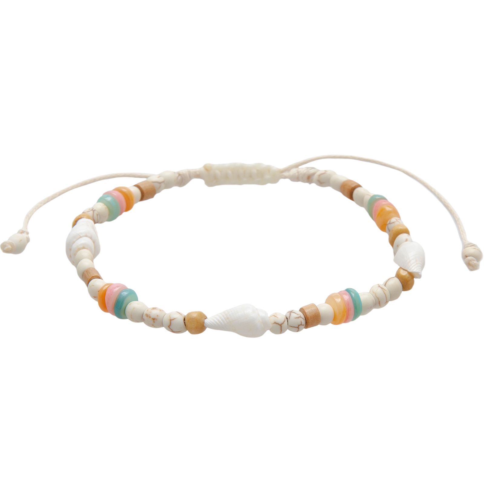 Handcrafted shell anklet featuring genuine seashell accents, natural beads, colorful pastel details, and an adjustable pull-through closure.