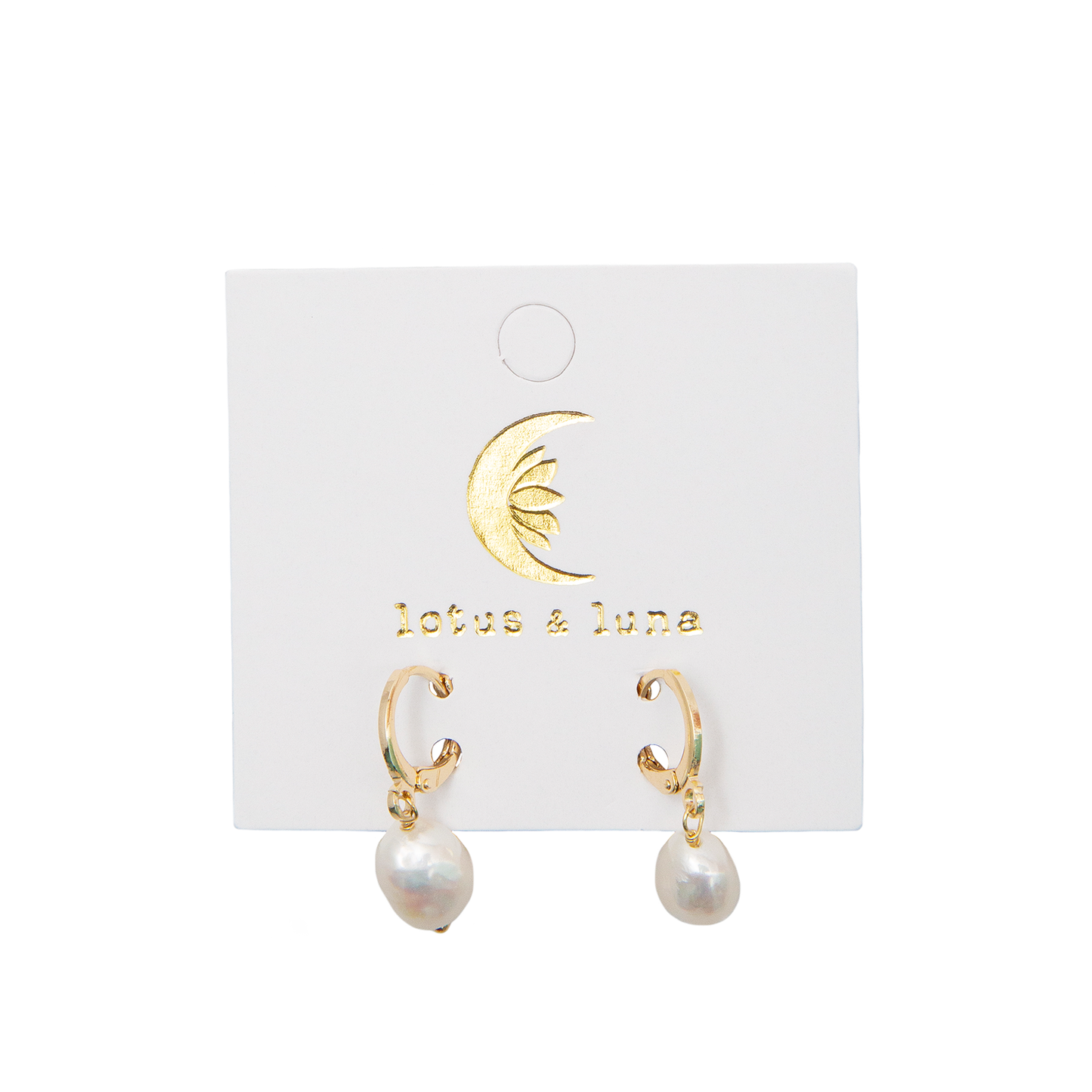 Gold hoop earrings featuring natural pearl drop accents, displayed on a Lotus and Luna jewelry card against a white background.