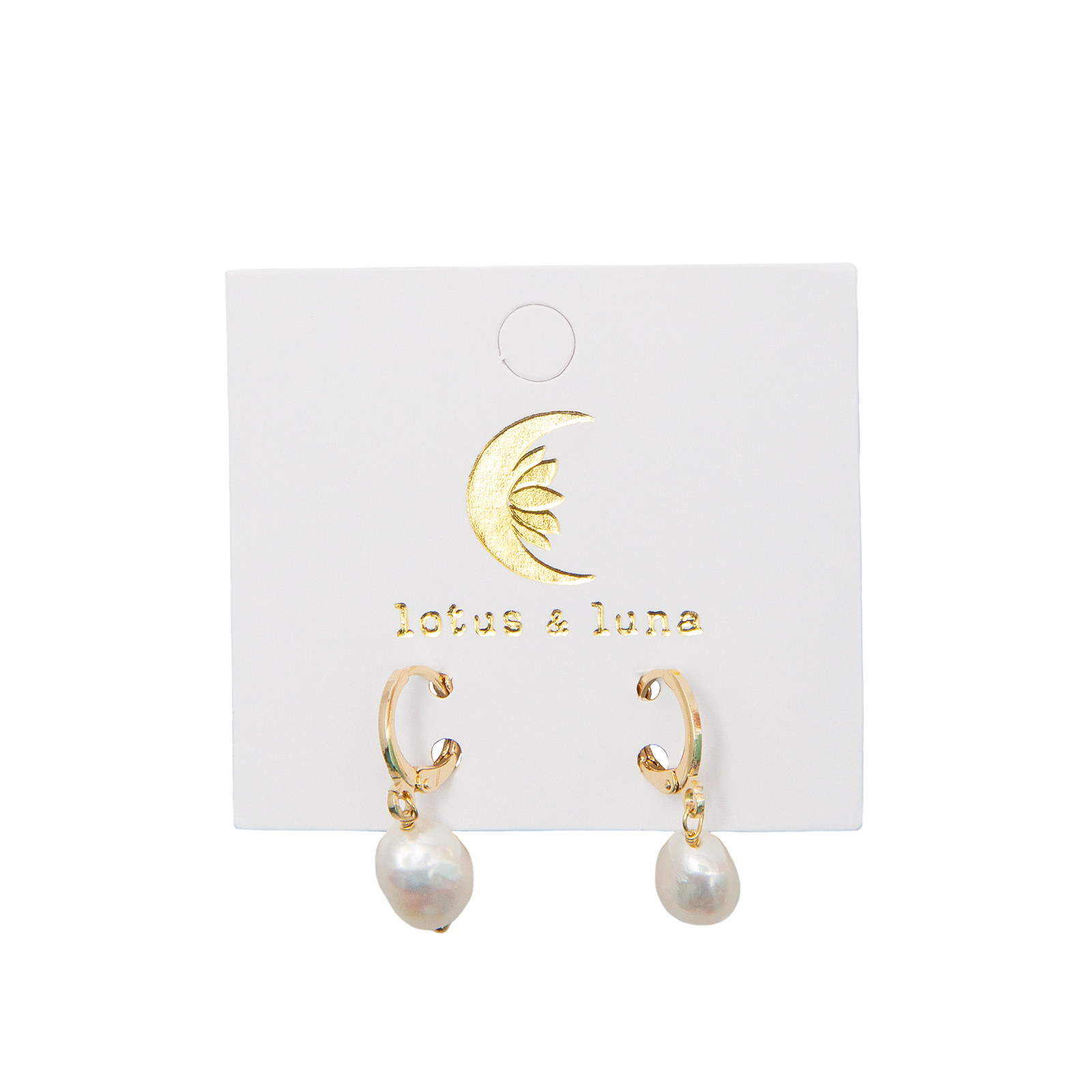 Gold hoop earrings featuring natural pearl drop accents, displayed on a Lotus and Luna jewelry card against a white background.