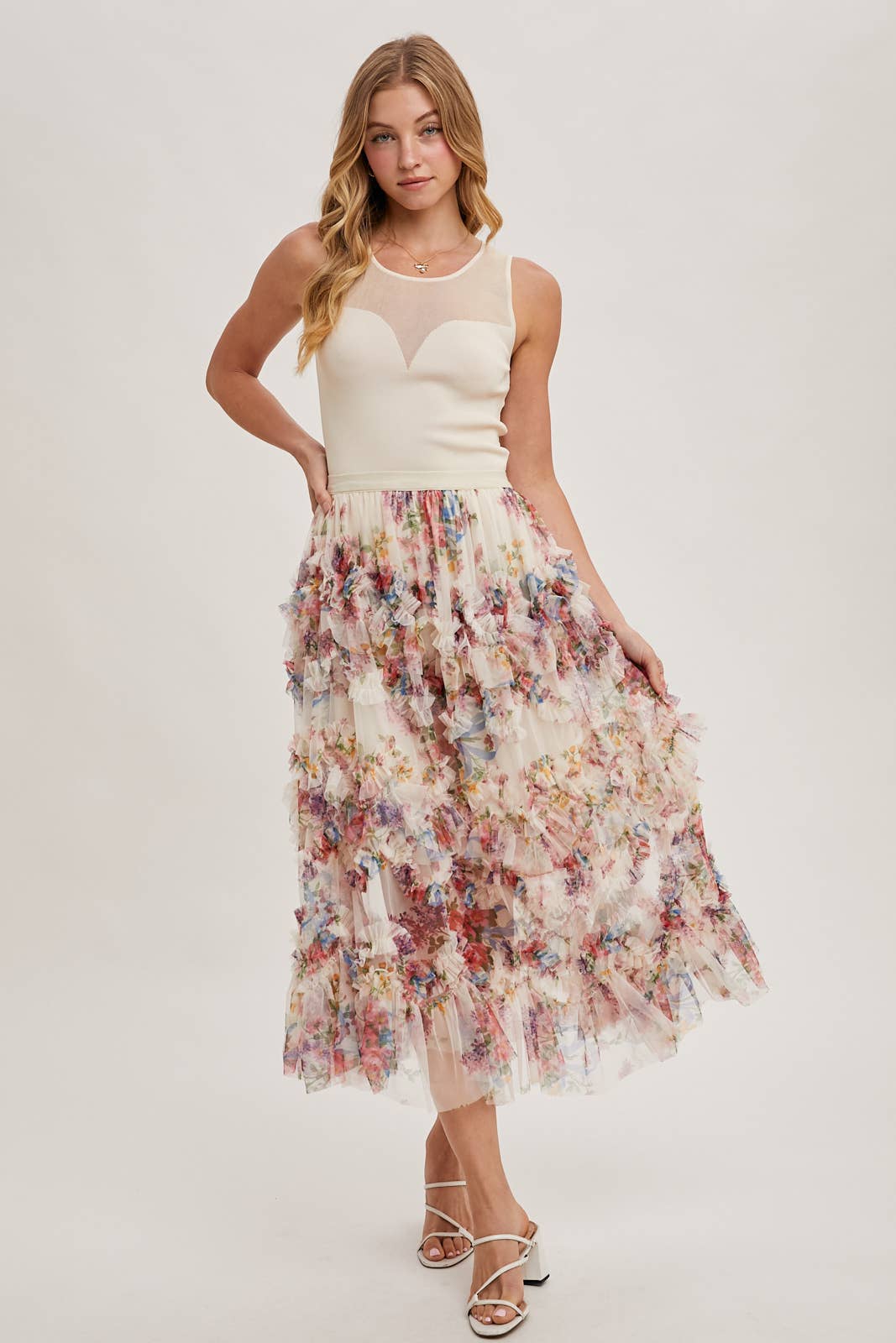 Bluivy - FLORAL RUFFLED MESH MIDI SKIRT