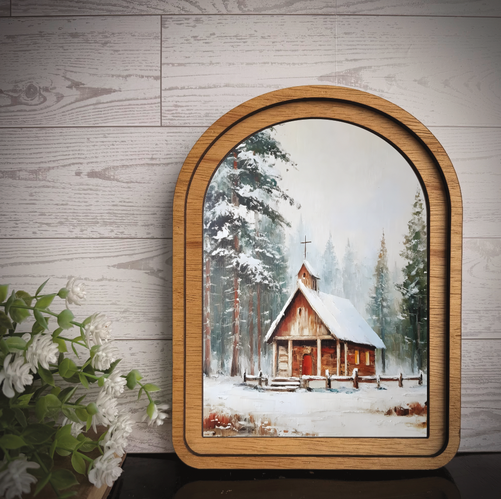 Maci Loo Makings - Arch Frame Art Christ Village Church  | Winter Wood & Canvas