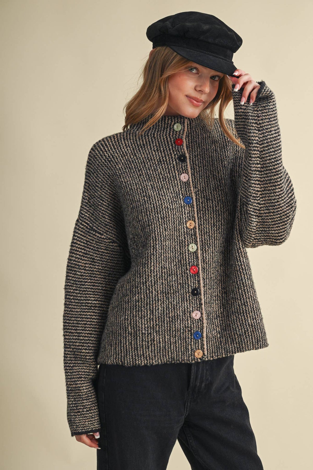 &MERCI - STRIPED SWEATER CARDIGAN WITH COLORFUL BUTTONS MSW11250