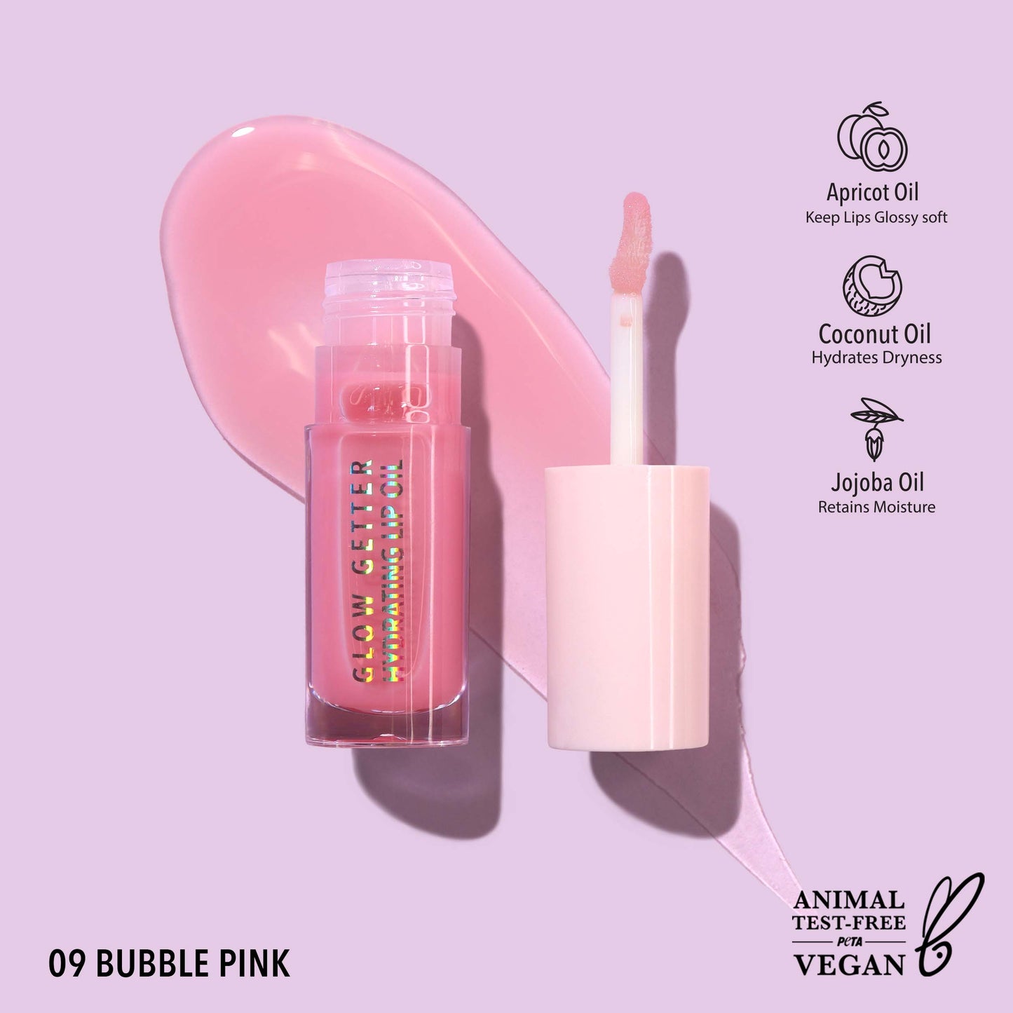 Lip gloss with applicator on a light purple background, featuring ingredients and vegan certification.